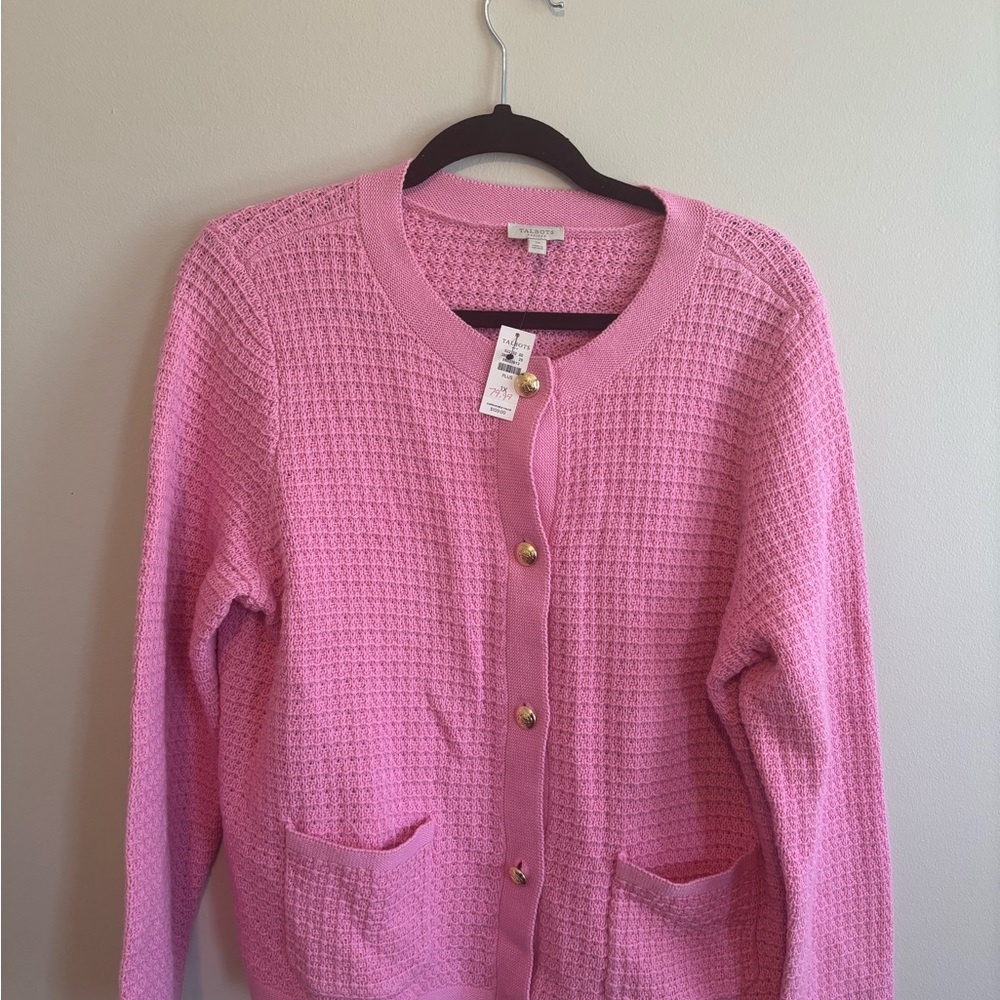 Talbots Pink Waffle-Knit Button Cardigan with Gold Buttons